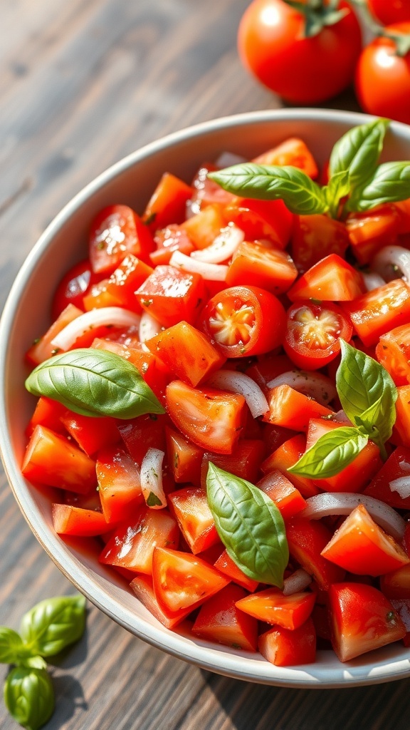A colorful tomato salad with diced tomatoes, red onions, and basil, drizzled with olive oil on a rustic table.